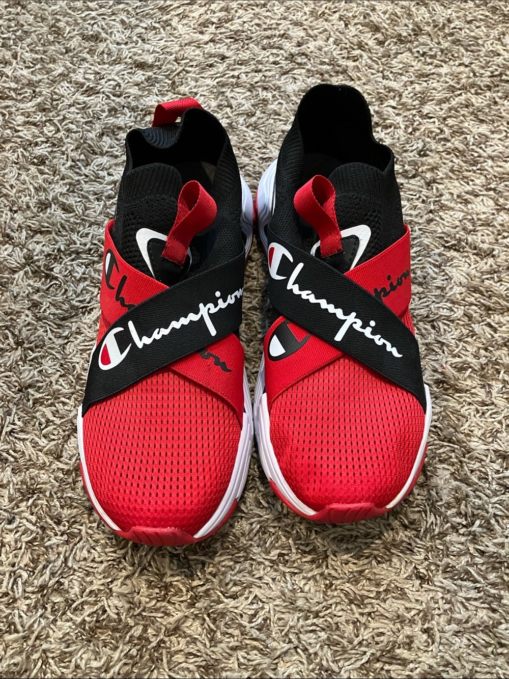 Champion Kids Red and Black Slip-On Sneakers with Elastic Cross Strap